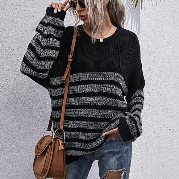 Sweaters - black charcoal oversized stripes knit sweater